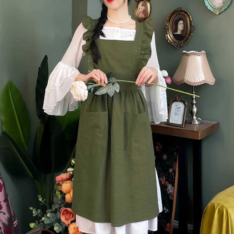 Cross Back Apron Kitchen Apron Ruffled with Pockets for Chef Gardening Pink Work Women with Big Pinafore Dress Cooking Baking C251124