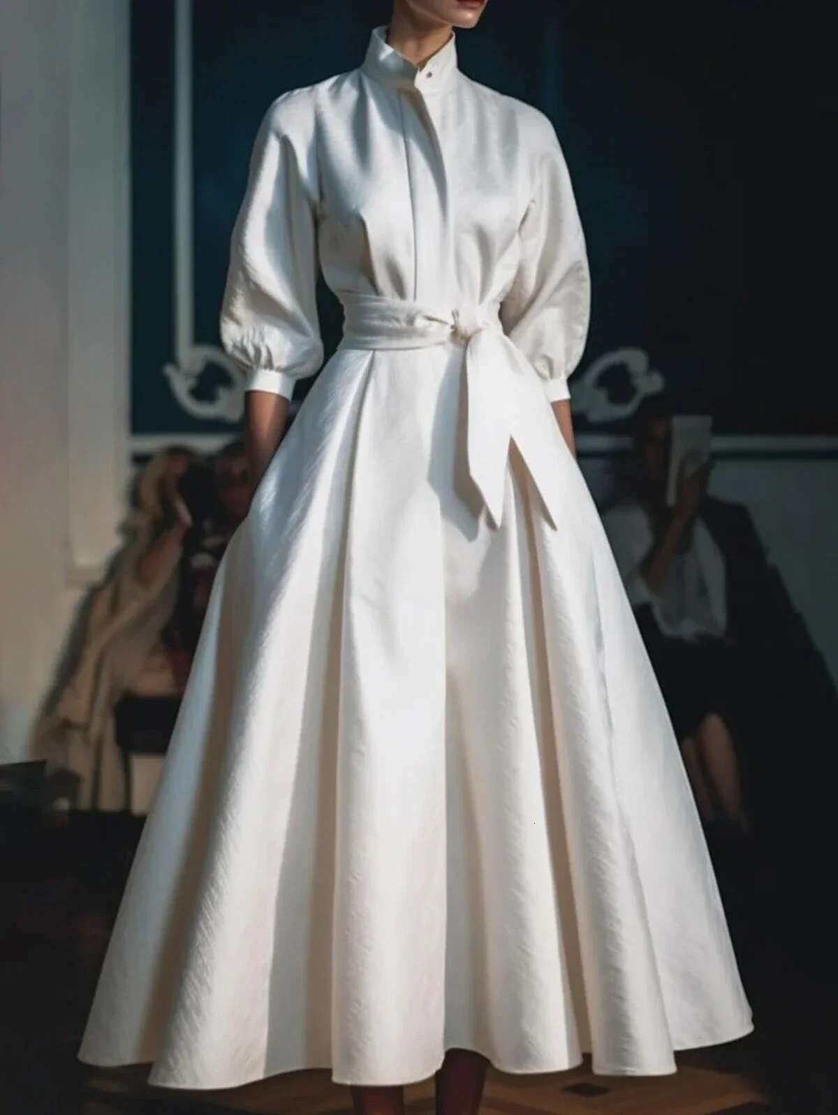 Women Elegant Shirt Dress Sleeve Stand Collar White Minimalist A-Line Pleated Wedding Guest Long Dresses With Blet 2024