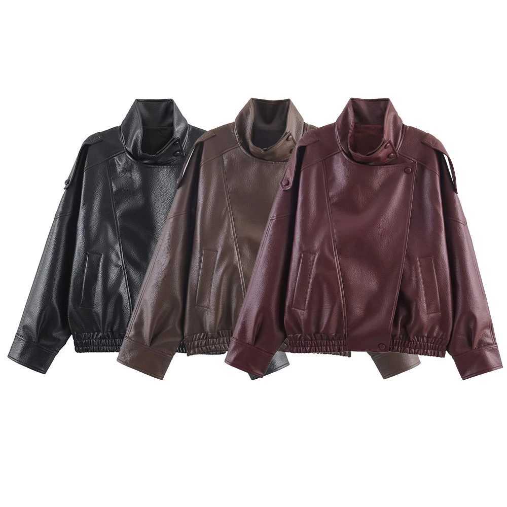 Autumn new womens clothing French motorcycle style standing collar long sleeved imitation leather short jacket J251124