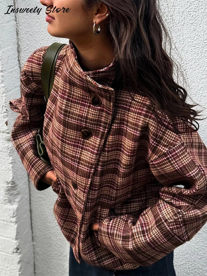 Fashion Plaid Coats Womens Stand Collar Single Breasted Long Sleeve Vintage Jacket 2025 Autumn Lady Casual Loose Overcoat 251124