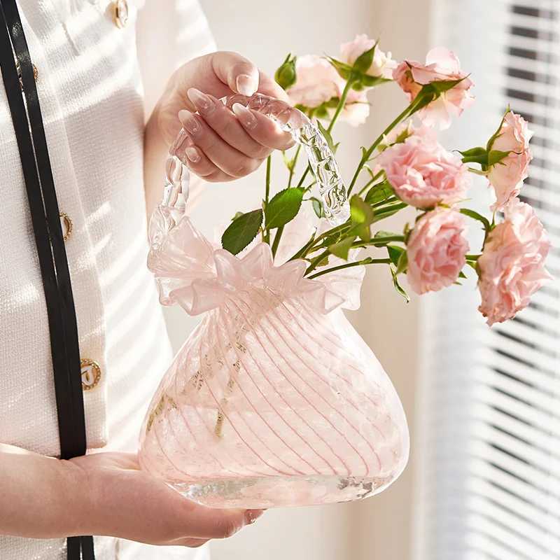 High sense Internet celebrity light luxury glass handbag bag vase glass flower basket living room home soft decoration flower C251124