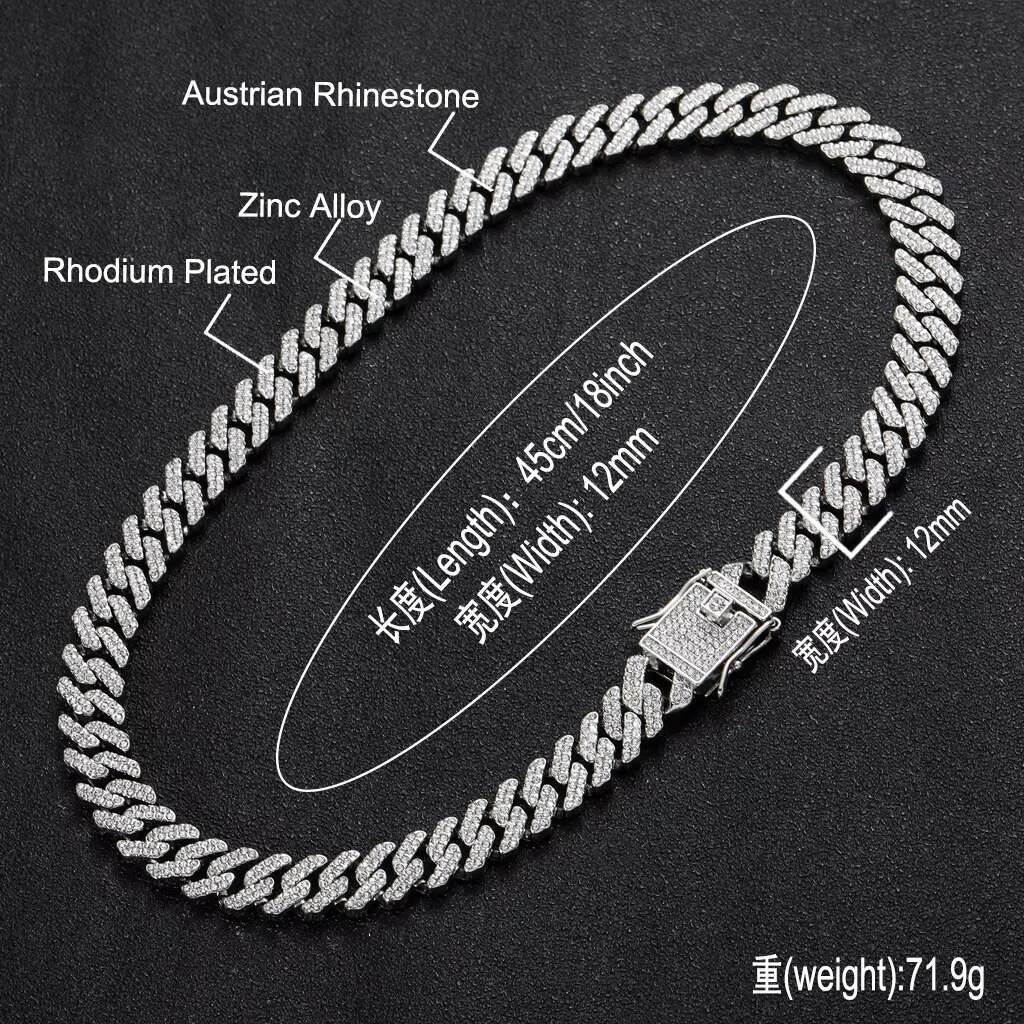 New Hiphop 12mm Pink Cuban Chain Gold Plated Iced Out Rhinestone Zinc Alloy Cuban Link Chain Necklace for Men Fashion Jewelry
