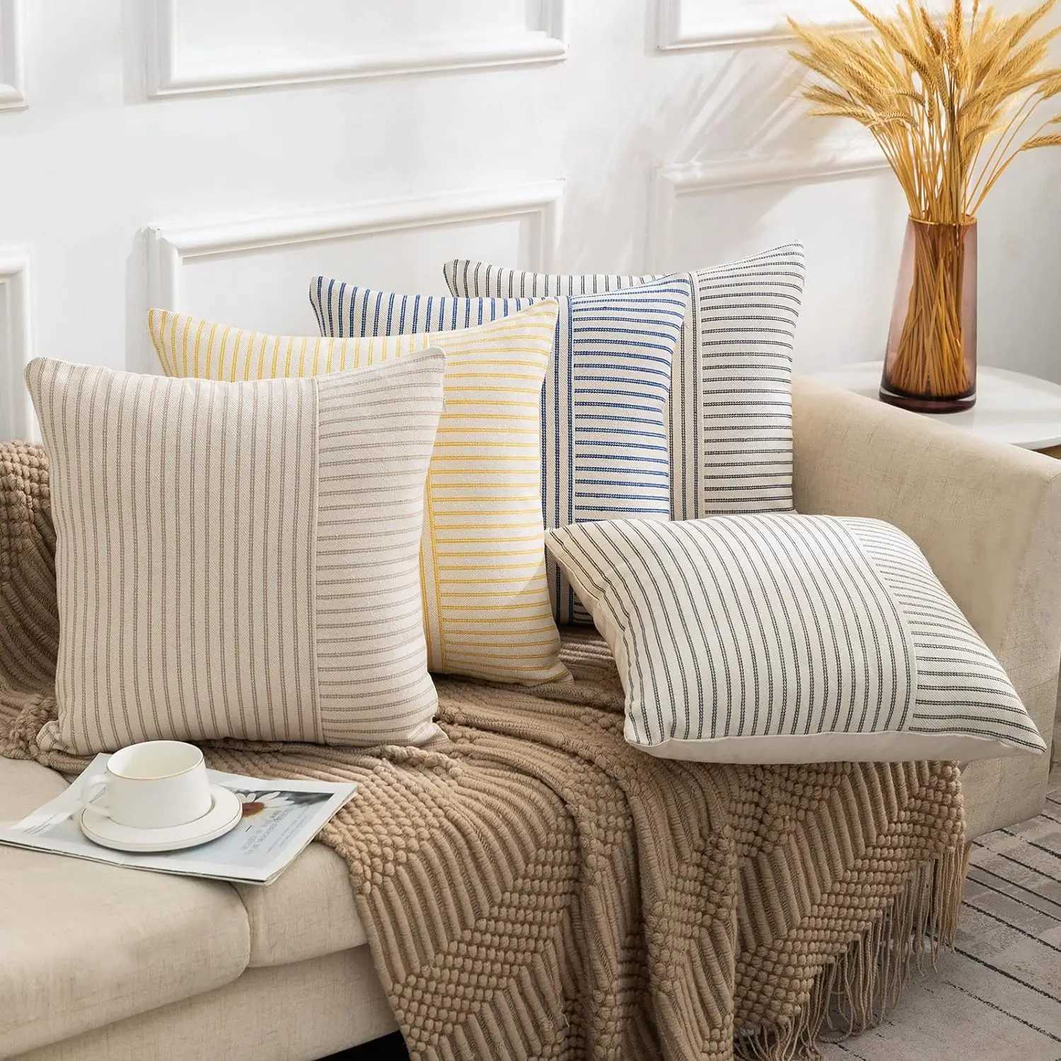 Modern Striped Pillow Covers 18x18 Square Throw Pillow Cover Patchwork Linen Decorative Pillow Cushion Cover Home Decor for Sofa G251124