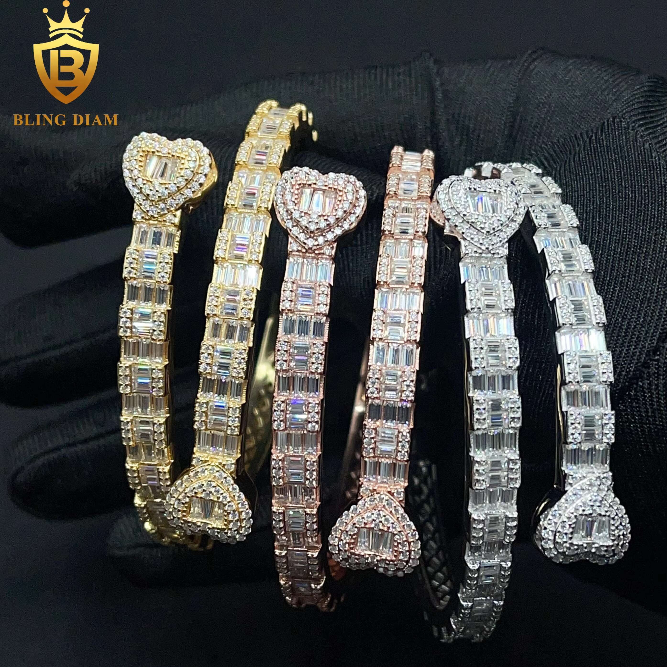 5.8mm Heart Design Fashion Jewelry Open Bracelet 925 Sliver Iced Out Baguette Moissanite Bracelets