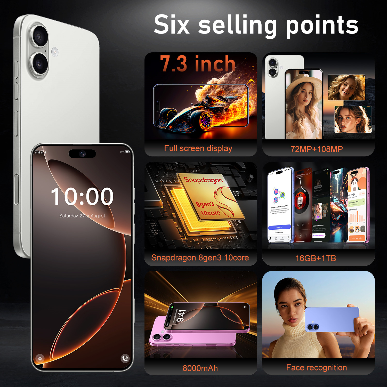 I16 Plus Mobile 7.3-inch HD Screen 14 Phone Snapdragon 8 Gen 3 CPU,16GB+1TB Android Phone,72MP+108MP Camera Pixels 7800mAh Battery 5G Dual SIM Card