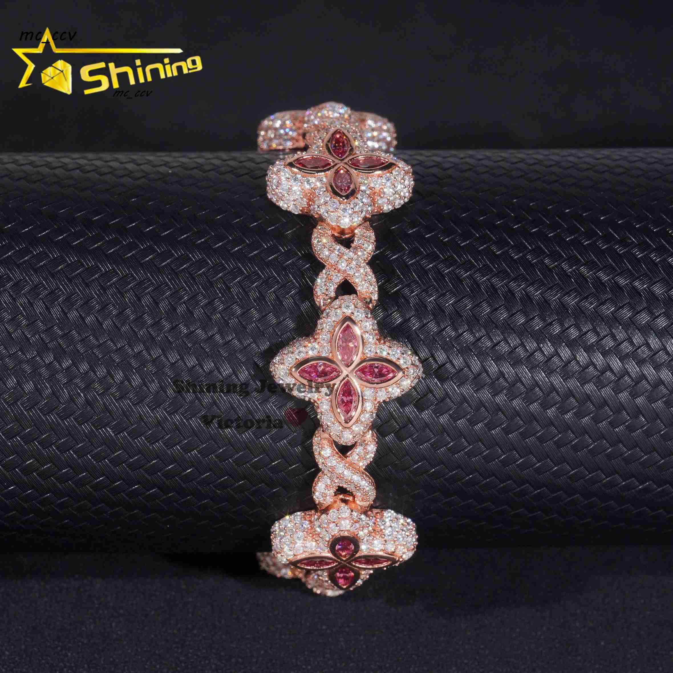 New Arrivals Rose Gold Plated Moissanite Men Bracelet With Pink Moissanite Iced Out Infinity Link Clover Cuban Bracelet