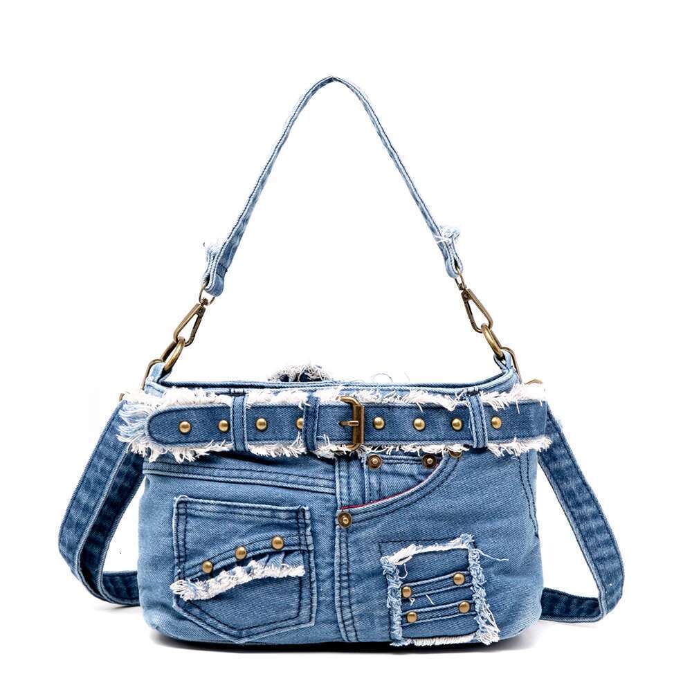 Leisurel Handbag Cool Cowboy Material Jeans Pocket With Metallic Rivets And Buckle Denim Cross Body Bag