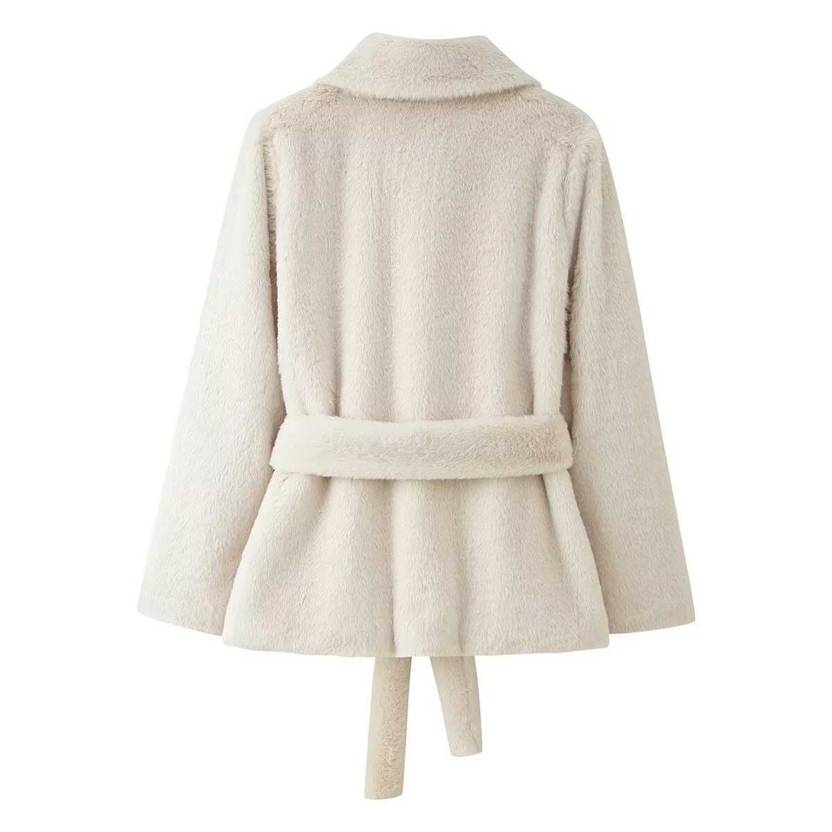 2025 Winter New Womens Casual Fashionable Simple Elegant Versatile Lapel Long Sleeve Coat with Belt and Faux Fur Effect J251124
