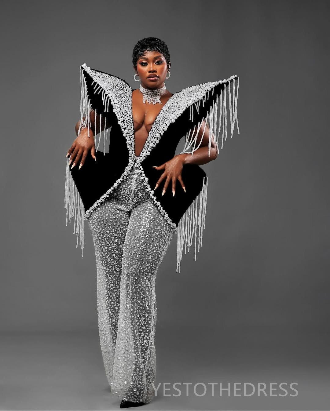African Aso Ebi Plus Size Prom Dresses Black Jumpsuits V Neck Sexy Pearls Sequined Lace Evening Formal Gowns for Nigeria Black Women Birthday Gowns AM