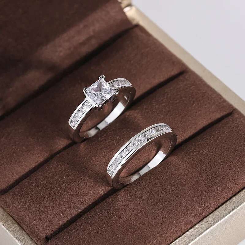 925 Sterling Silver Double Row Zircon Micro Inlaid Style Wedding Diamond Ring Set Ring Zircon For Couple Ring