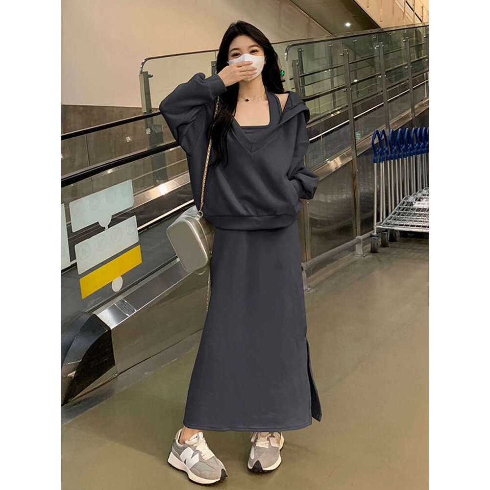 2025 Spring Western Style Casual Age Reducing And Slimming Women's Fashion Set, Plus Size Hoodie, Two-Piece Set With Meat Covering, Dress
