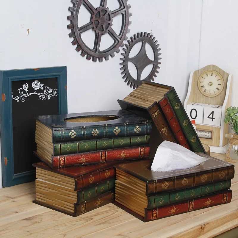 Book Shaped Vintage Tissue Box Cover Artistical Wooden Paper Extraction Box Creative Tissue Storage Case for Bedroom BathroomM251124