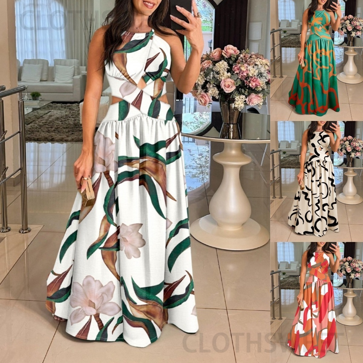 2025 new summer sleeveless off shoulder large swing skirt with high waist and backless strap dress for women