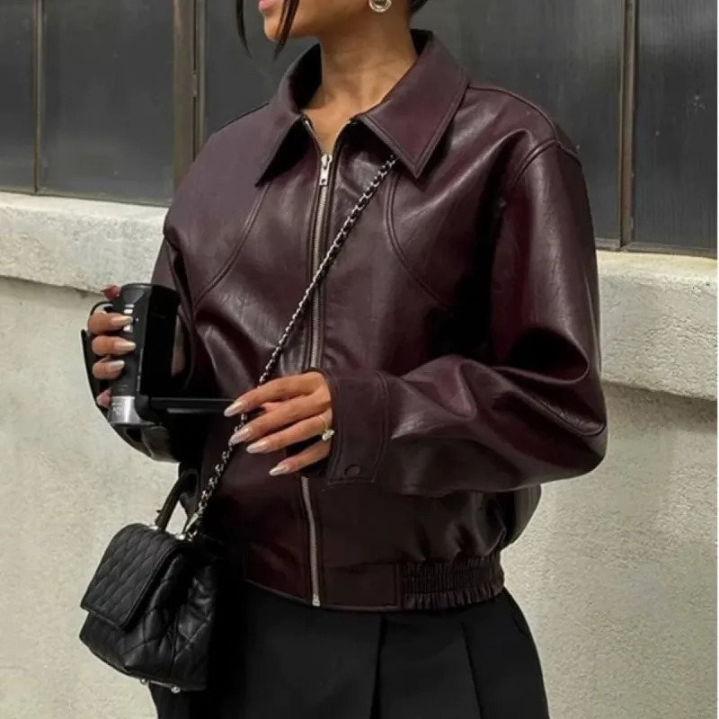 2025 Womens Clothing American Retro Simple Lapel Zipper Leather Jacket 251121