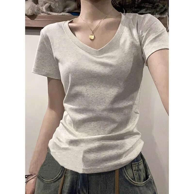 Pure cotton American V-neck shoulder short sleeved T-shirt for women in the summer of 2025, basic with inner lining and college style top