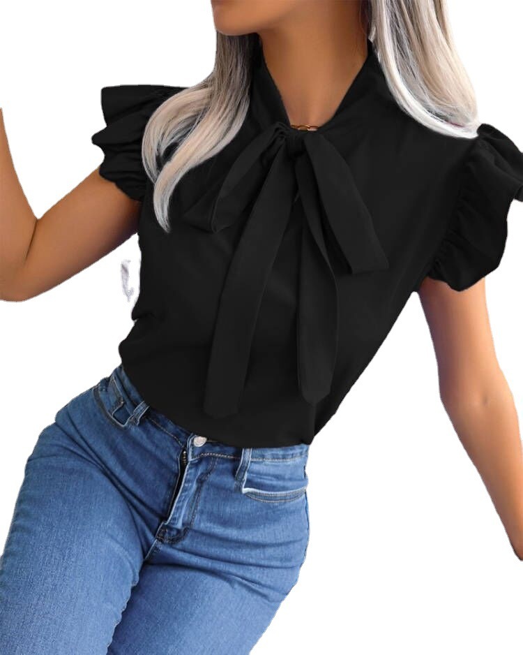 2023 new summer solid color simple bow short sleeved shirt for women