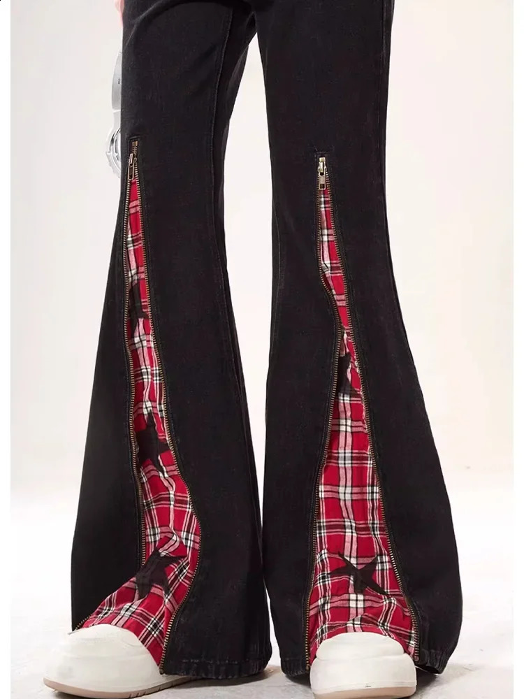 Retro plaid patchwork work flash jeans for women high waisted slimming straight leg denim pants oversized Y2k 2000s trash can 250422