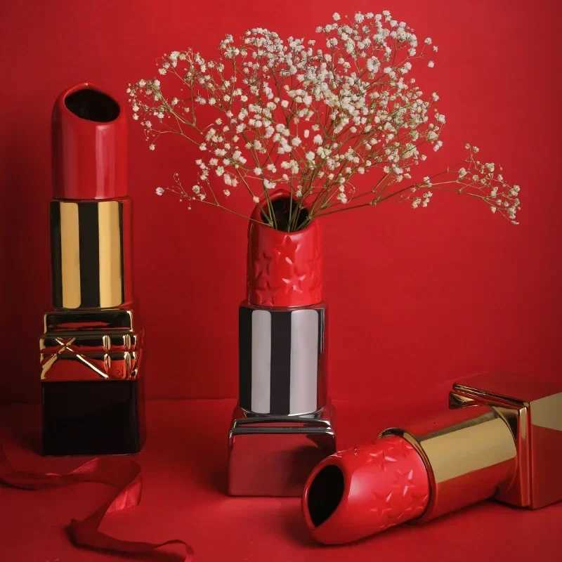 Ceramic Luxury Flower Vase Creative Lipstick Shape Vase Carved Gold Vases Modern Living Room Home Decorations Luxury Gifts C251124