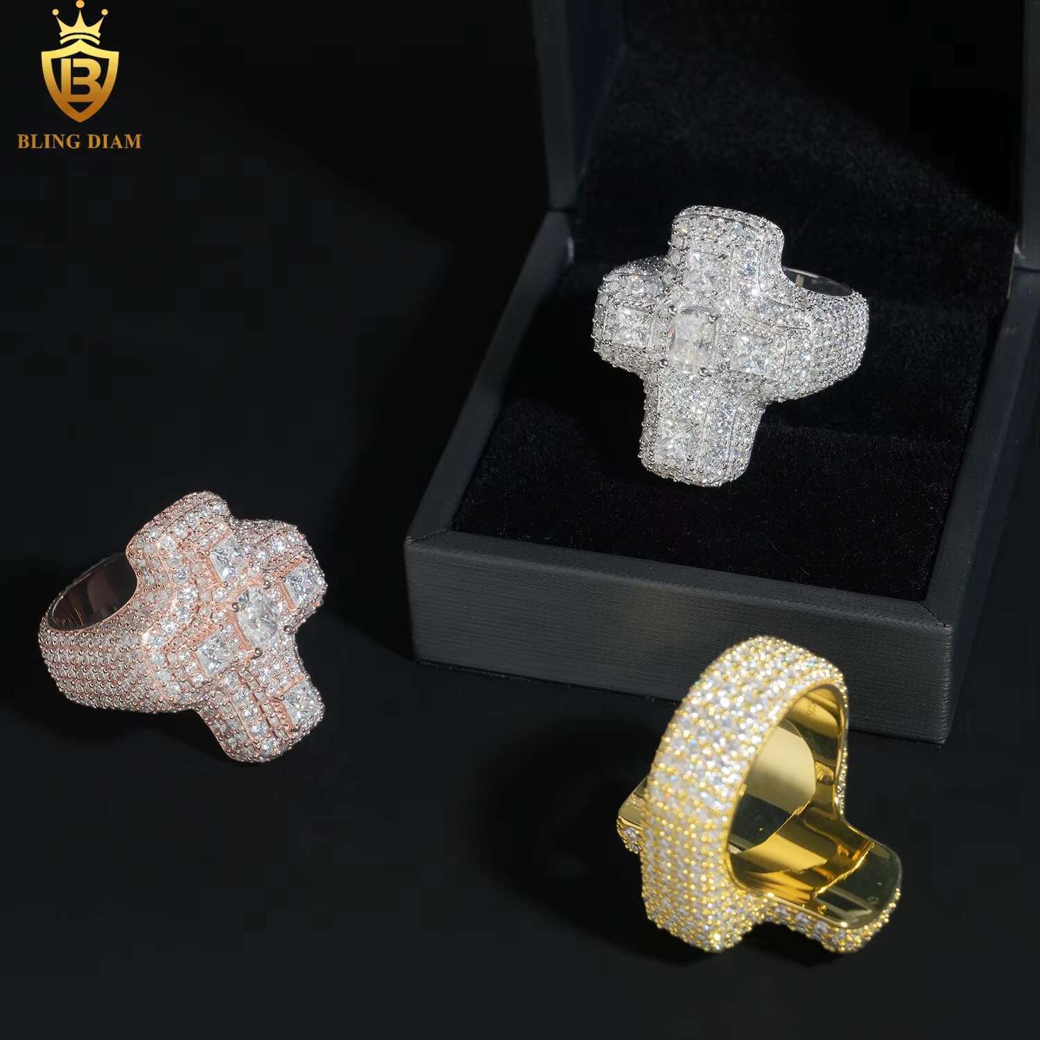 Hip Hop Jewelry 925 Sterling Silver Gold Plated Men Cross Ring Vvs Moissanite Iced Out Gra Certificate Pass Diamond Tester