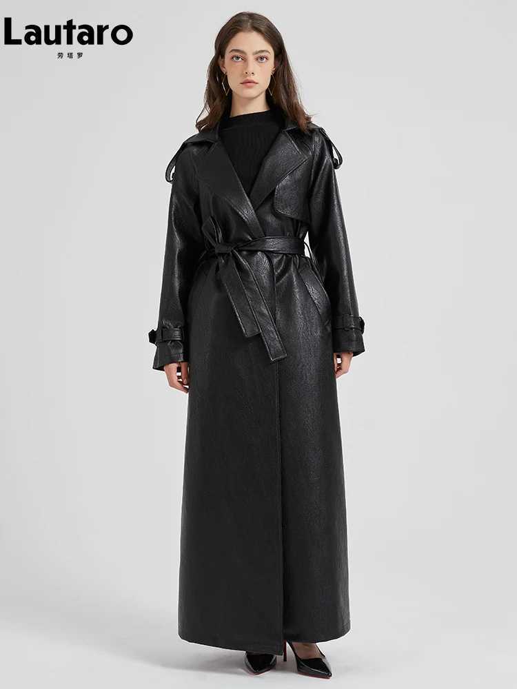 Lautaro Spring Autumn Extra Long Brown Pu Leather Trench Coat for Women Sashes Luxury Chic Overcoat Runway European Fashion 2024 J251124