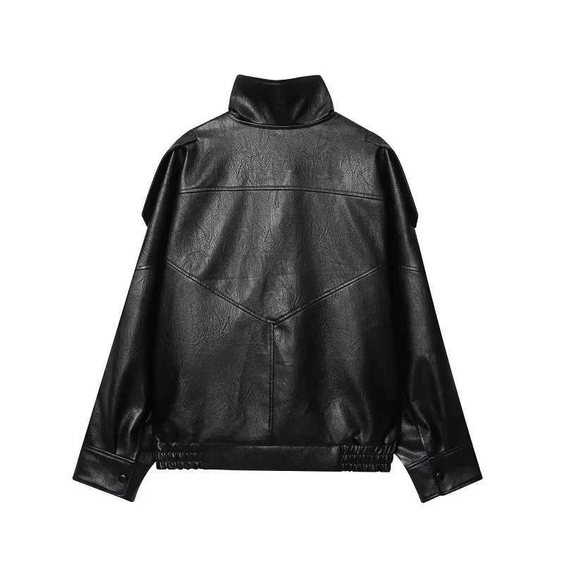 MUJER Black Bomber Jackets for Women Office Faux Leather Womens Jacket Snap Button Winter Coats for Women Overcoat Outerwears J251124