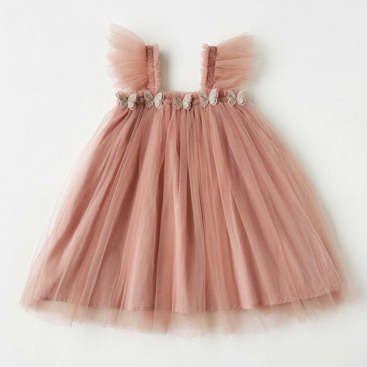 Double Layered Butterfly Sweet Beauty Childrens Mesh Dress 2025 Summer Style Flying Sleeve Strapless Princess Dress Fluffy Skirt Formal Dress Y250423u