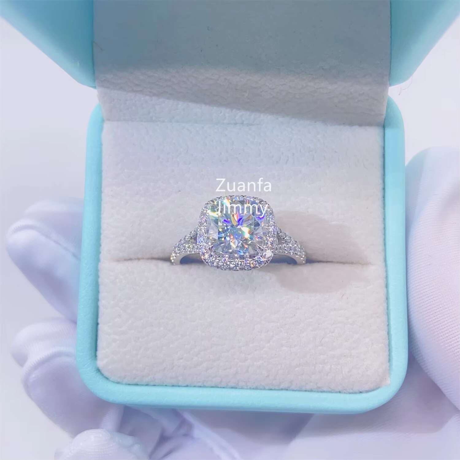 10K White Gold 3.00ct Cushion Cut Colorless GRA Moissanite Engagement Ring Handmade Pave Set Hidden Halo Wedding Ring