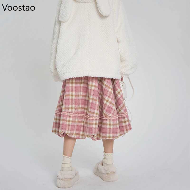 Pink checkered retro skiing autumn womens preparatory style chic plush ball elegant Midi skiing Korean women Y2k A-Line skiing M250424