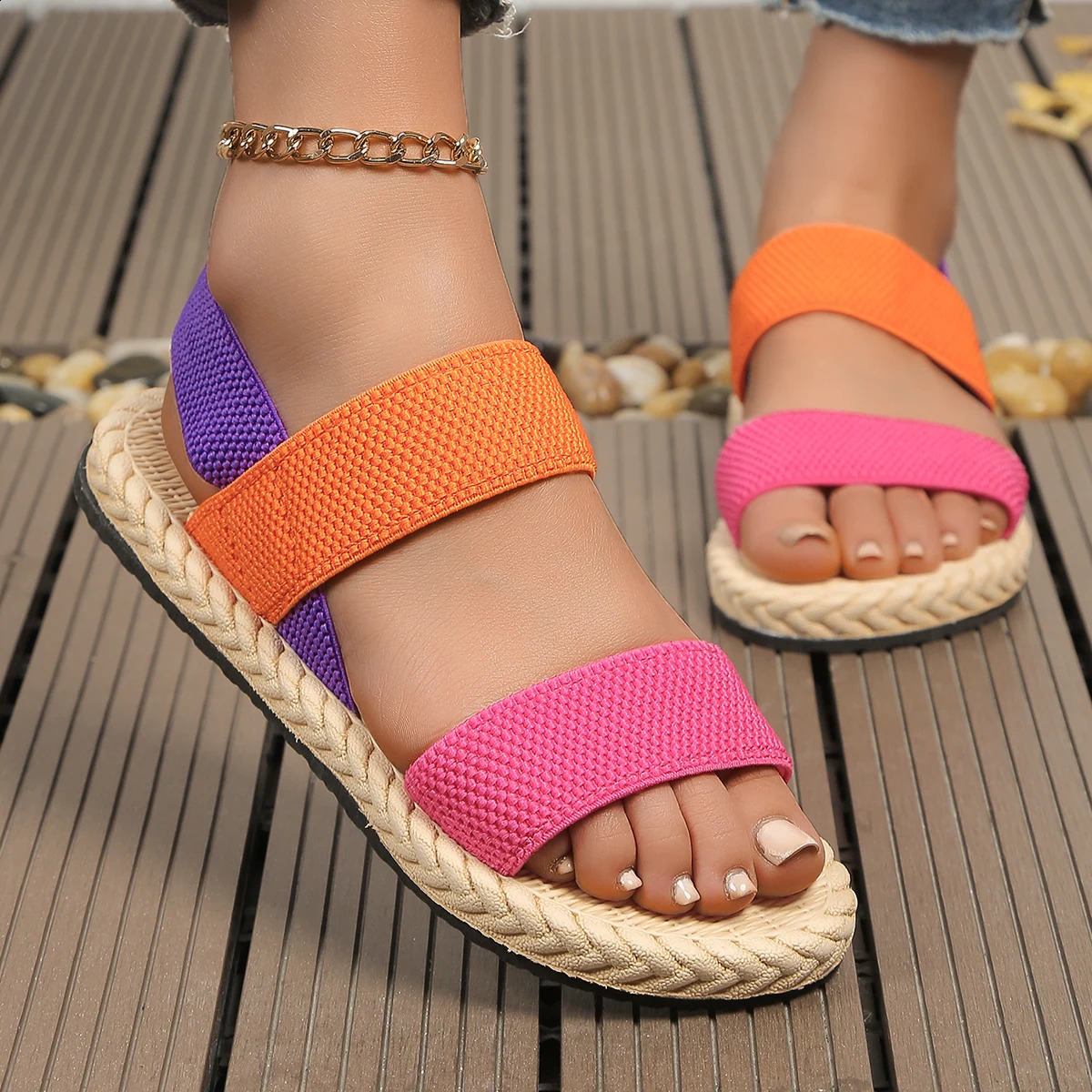 Womens fashion trend anti-slip wear-resistant multi-color matching elastic flat sandals 250418