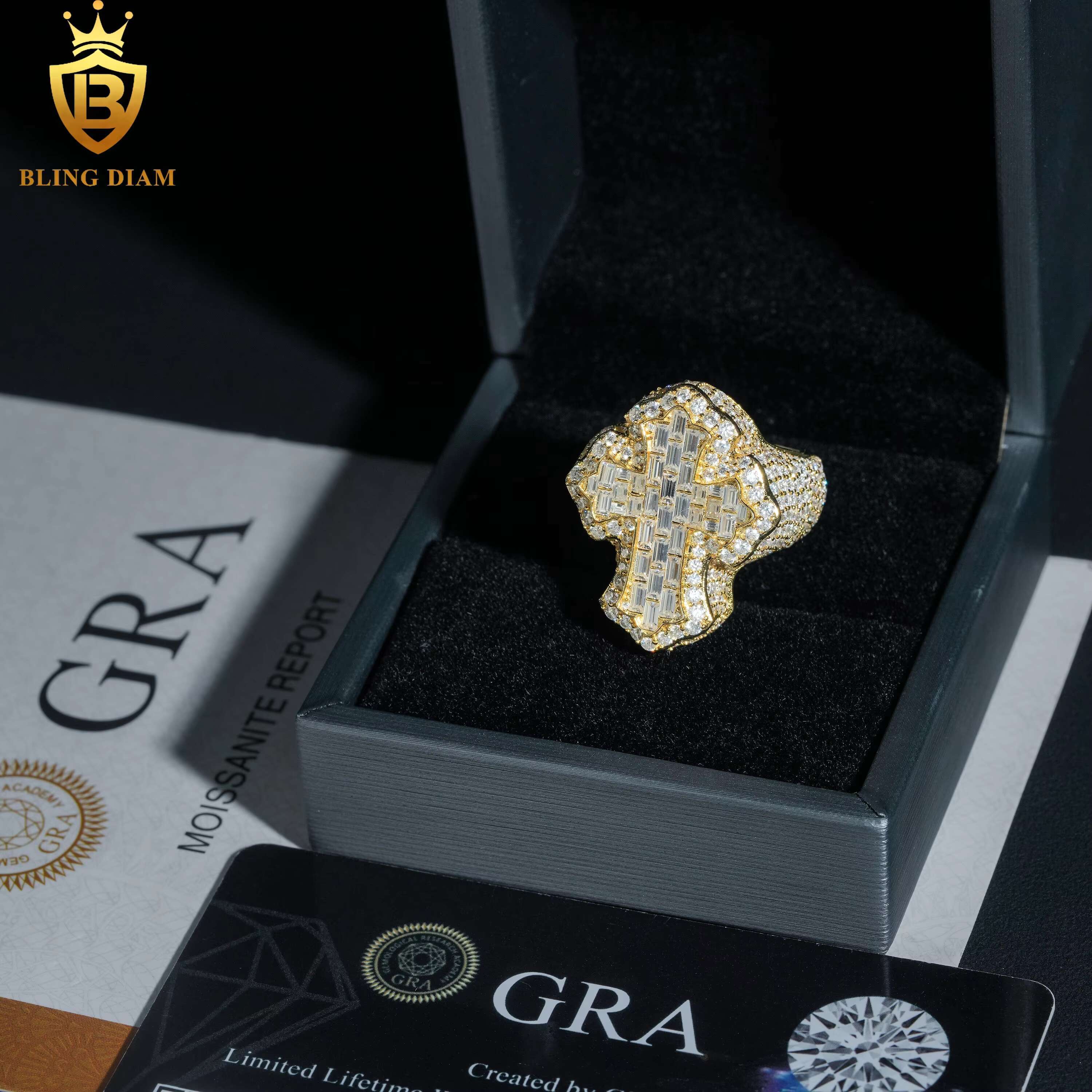 HipHop Style Jewelry Mens Ring Fully Diamond Colorful Moissanite Iced Out 925 Silver Cross Ring