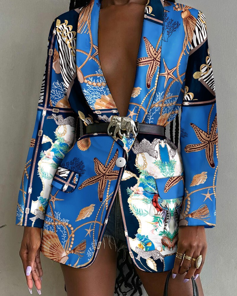 2021 autumn new fashion printed shawl collar single breasted belt suit coat women