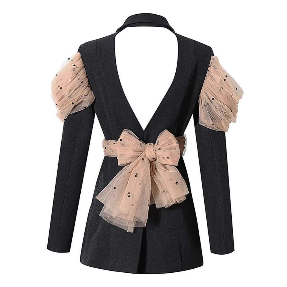 Colorblock Patchwork Mesh Blazer For Women Notched Collar Long Sleeve Backless Slimming Blazers Female Fashion New