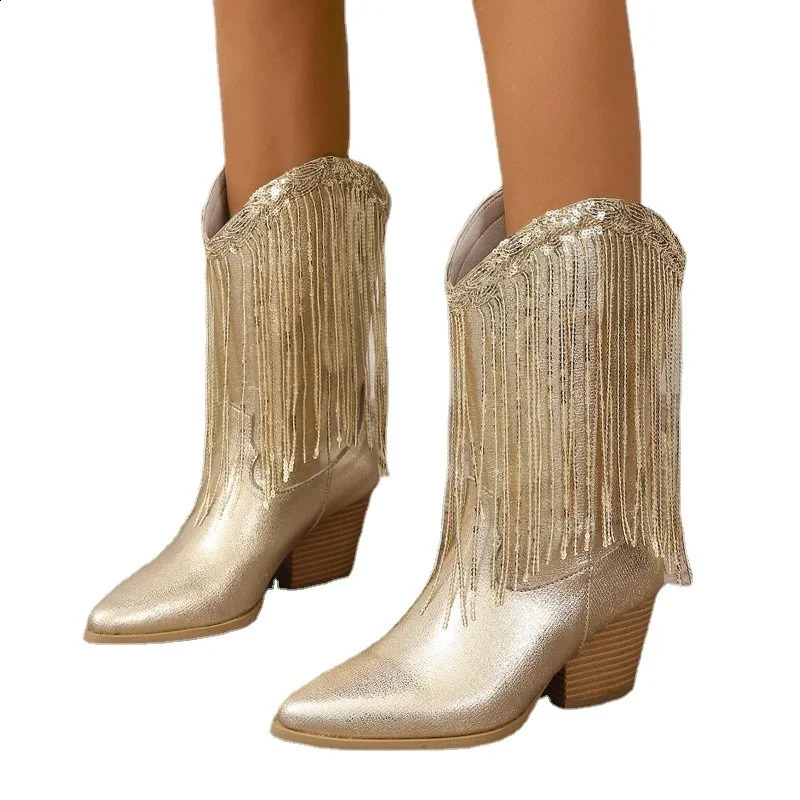 Shoes for Women Fringed Sequin Fashion Womens Boots Comfortable Square Heel Modern Boots Gold Platform Boots 250418