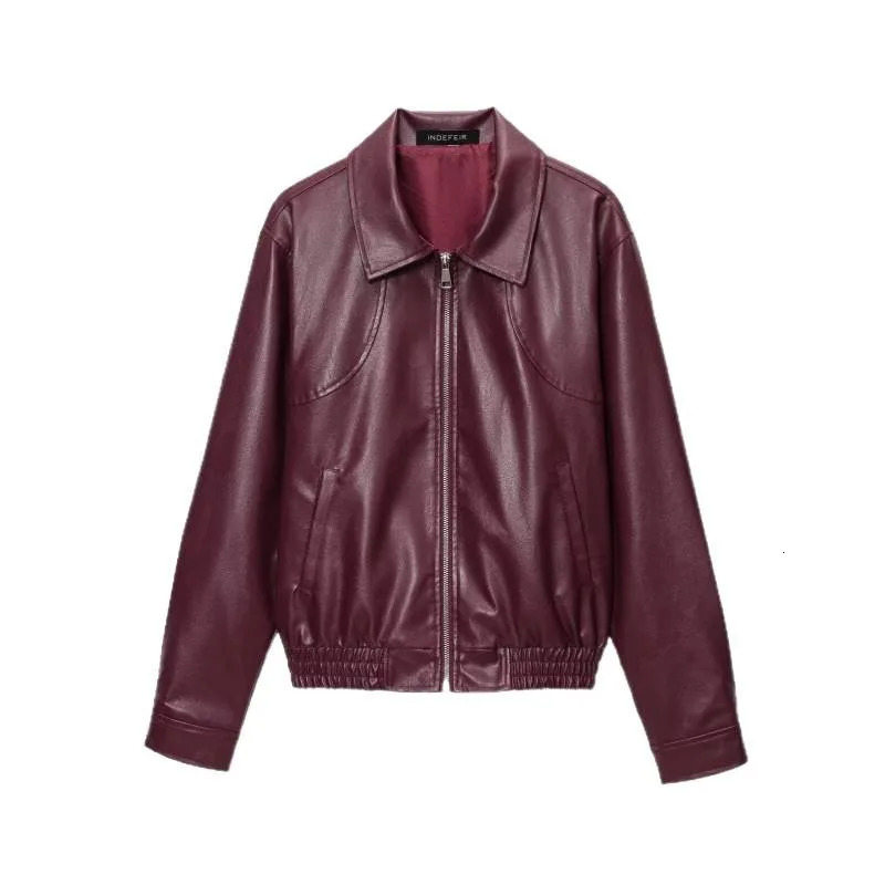 2025 Womens Clothing American Retro Simple Lapel Zipper Leather Jacket 251121