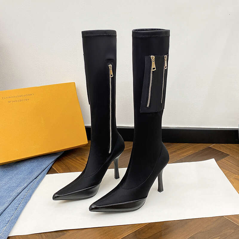 Woman Sandals Women S Knee High For Autumn And Winter New Zipper Pointed Slim Elastic Boots Silk High Heeled Long Tube Boots