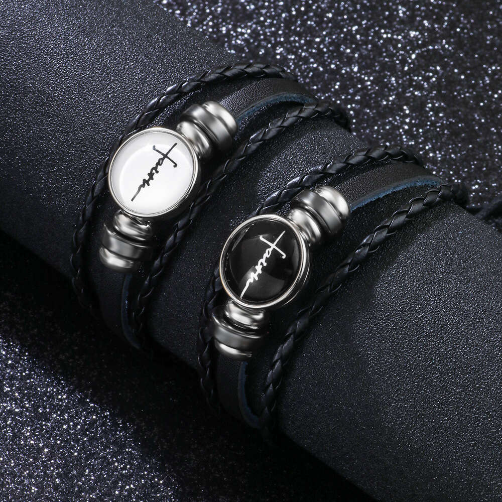 Temu Hot selling Bracelet English Letter Faith Glass Buckle Knitted Leather Bracelet, niche and high-end