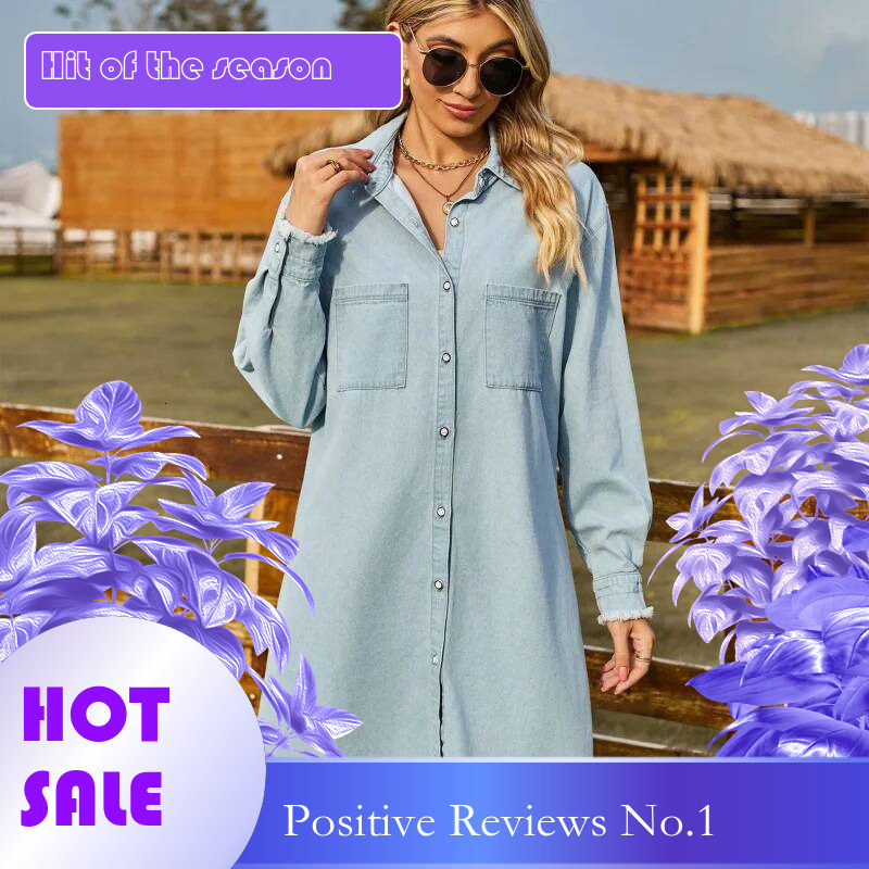 Dongdumaoyi New Vintage Washed Denim Loose Casual Long Sleeve Frayed Hem Women S Dress C