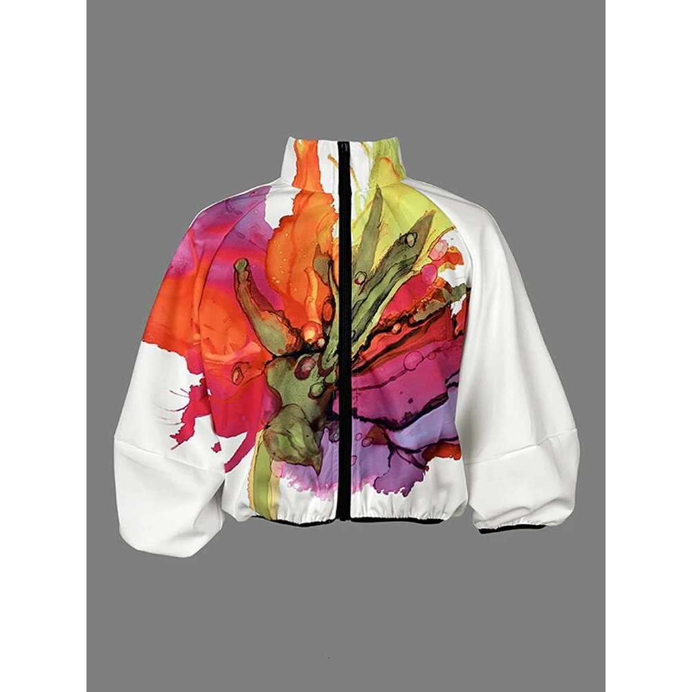 Designer Clothes Women's Autumn New Jacket Floral Printed High Neck Puff Sleeves Coat Zippered Half Sleeve Loose Fit Outerwears