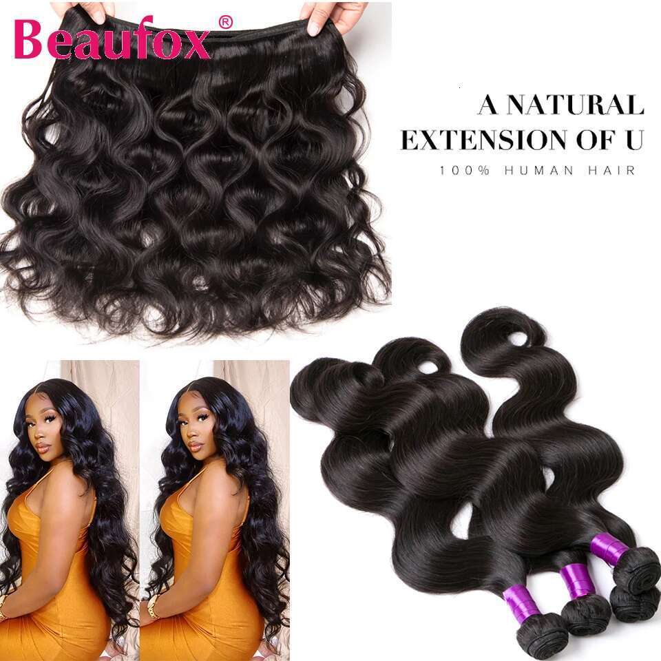 Beaufox Body Wave Brazilian Weave 3/4 Natural Human Hair Bundles With Closure