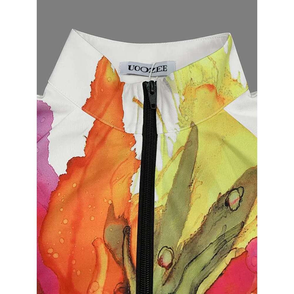 Designer Clothes Women's Autumn New Jacket Floral Printed High Neck Puff Sleeves Coat Zippered Half Sleeve Loose Fit Outerwears