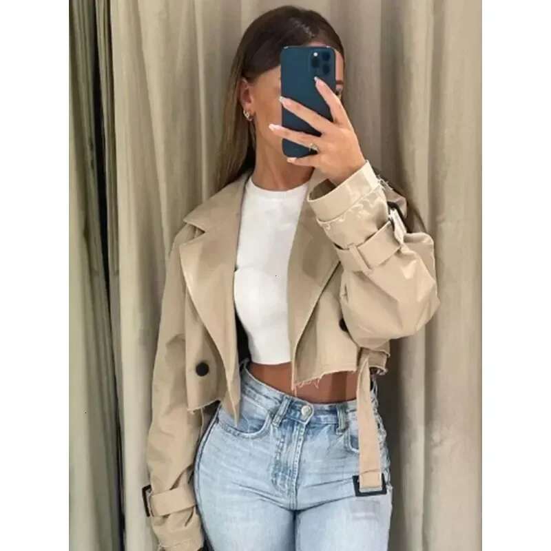 Designer Clothes Belt Cropped Trench Spring Jacket Women Vintage Streetwear Double Breasted Long Sleeve Top Female Coat Outfits