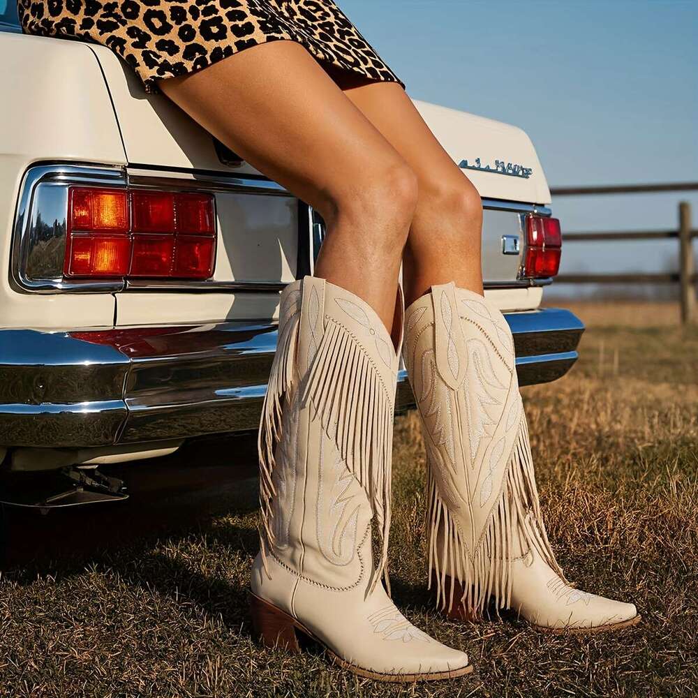 Womens Fashionable Tassel Western Embroidered Chunky Heel Knee High Shoes Comfortable Wild Calf Slip On Riding Boots