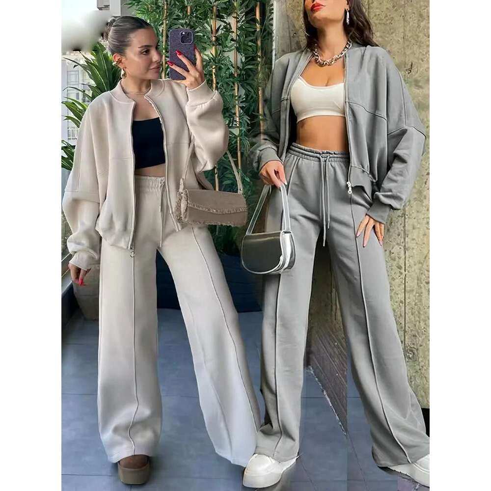 Designer Clothes TRAFZA Autumn Women's Thick Hoodie Coat + Drawstring High Waist Loose Casual Pants Set Lined Fleece Woman's Clothing Street