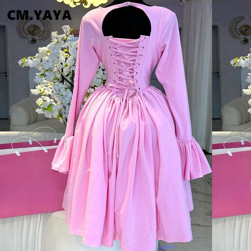 Cm.Yaya 2025 Women O-Neck Long Flare Sleeve Pleated Mini Midi Dress Backless Elegant Birthday Beach Night Party Vestidos Dresses