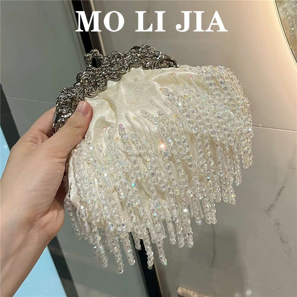 Designer Bag 2025 Designer White Satin Women Handbag Pearl Beaded Tassel Evening Wedding Party Clutch Purse Shoulder Crossbody Bag Luxury Bag