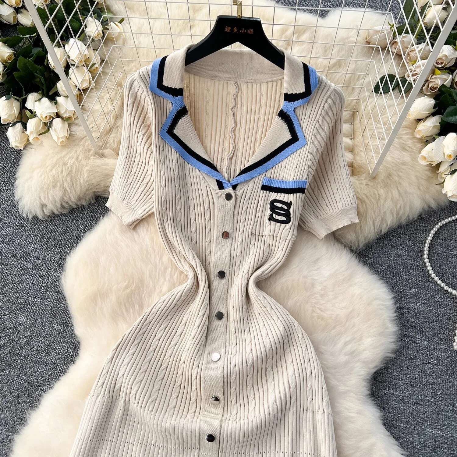 Yuoomuoo Early Autumn Embroidery Maxi Dress Women Fashion Y2k Single-Breasted Knitted Elegant Lady Office Dresses
