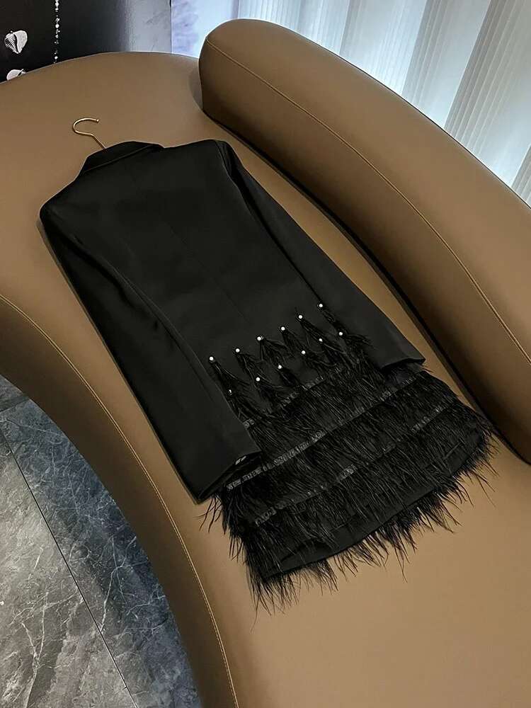 TWOTWINSTYLE Solid Temperament For Women Lapel Long Sleeve Patchwork Feathers Sashes Slimming Dresses Female Kdr516133