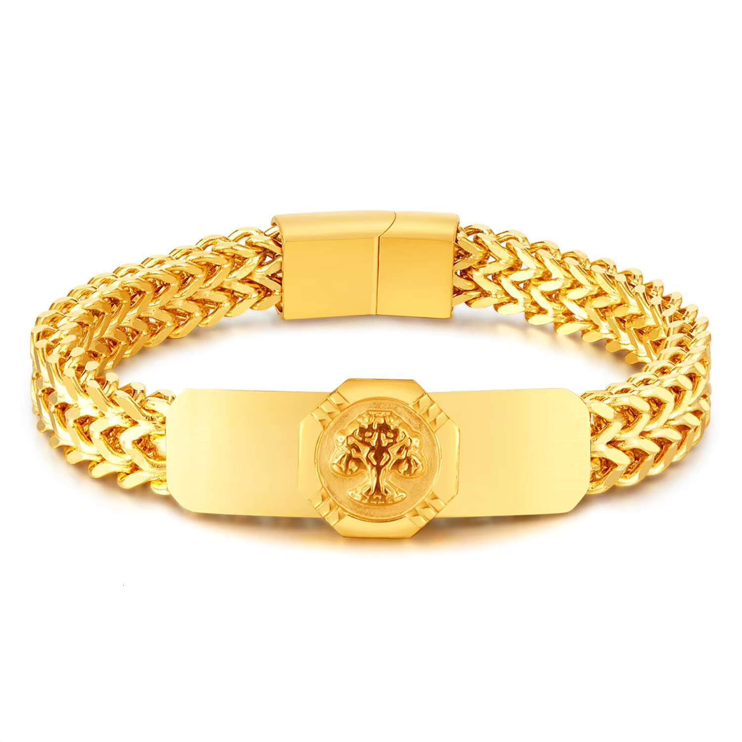 2024 New Personalized Gold Plated Stainless Steel Double Chain the Tree of Life Fashion Jewelry Cuban Link Chain Bracelet Men