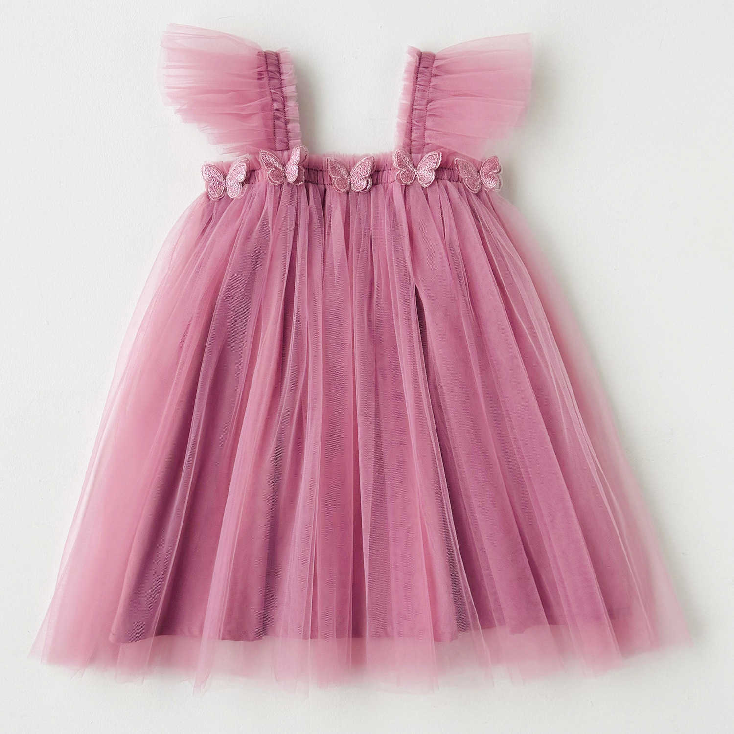 Double Layered Butterfly Sweet Beauty Childrens Mesh Dress 2025 Summer Style Flying Sleeve Strapless Princess Dress Fluffy Skirt Formal Dress Y250423u