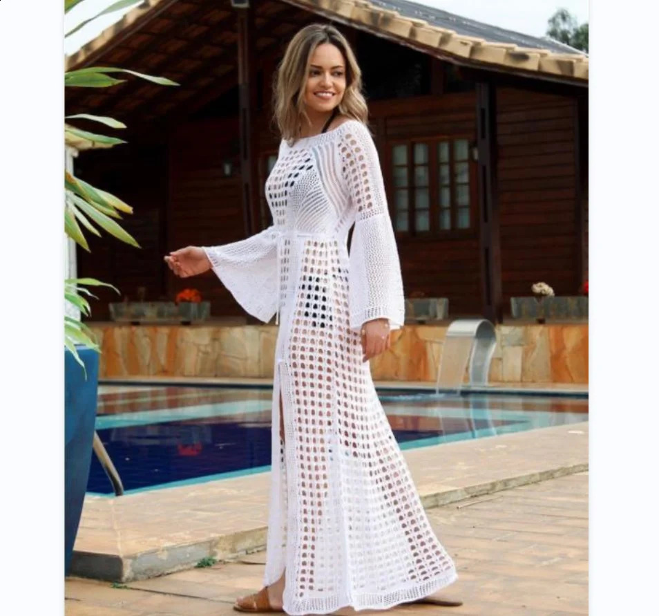 2024 Summer Sun proof Beach Dress Biqunis Cover Ups See Through Swim Skirt Latern Sleeve Sarong Bohemian Bikini 250422